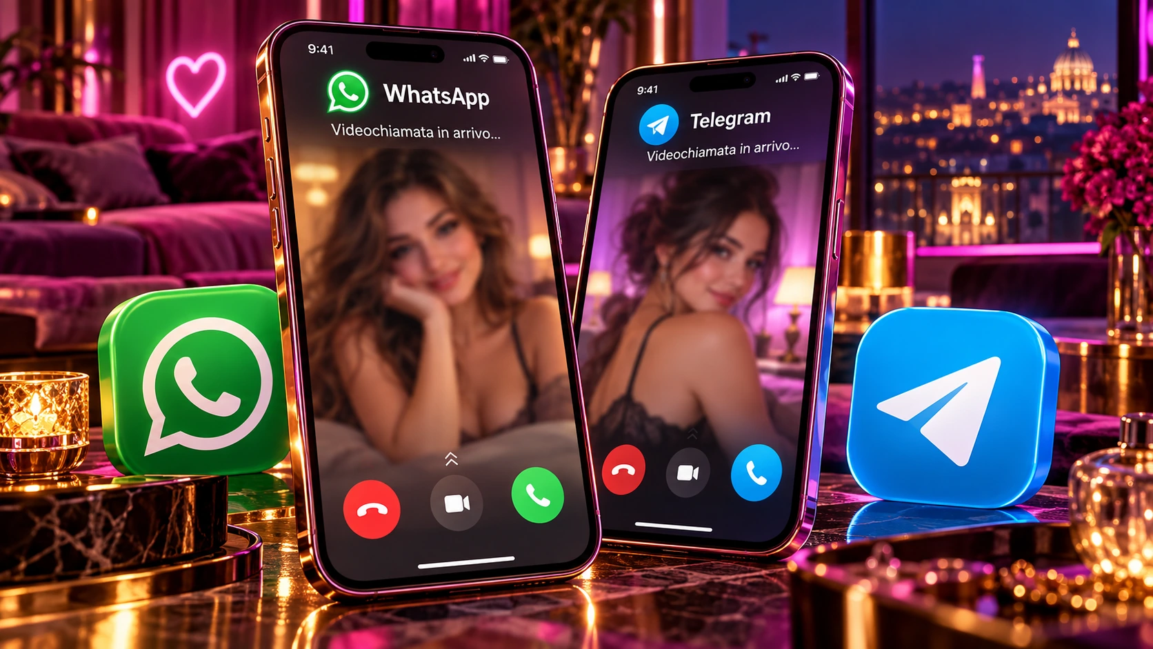 Illustrazione di una videochiamata in arrivo su WhatsApp e Telegram