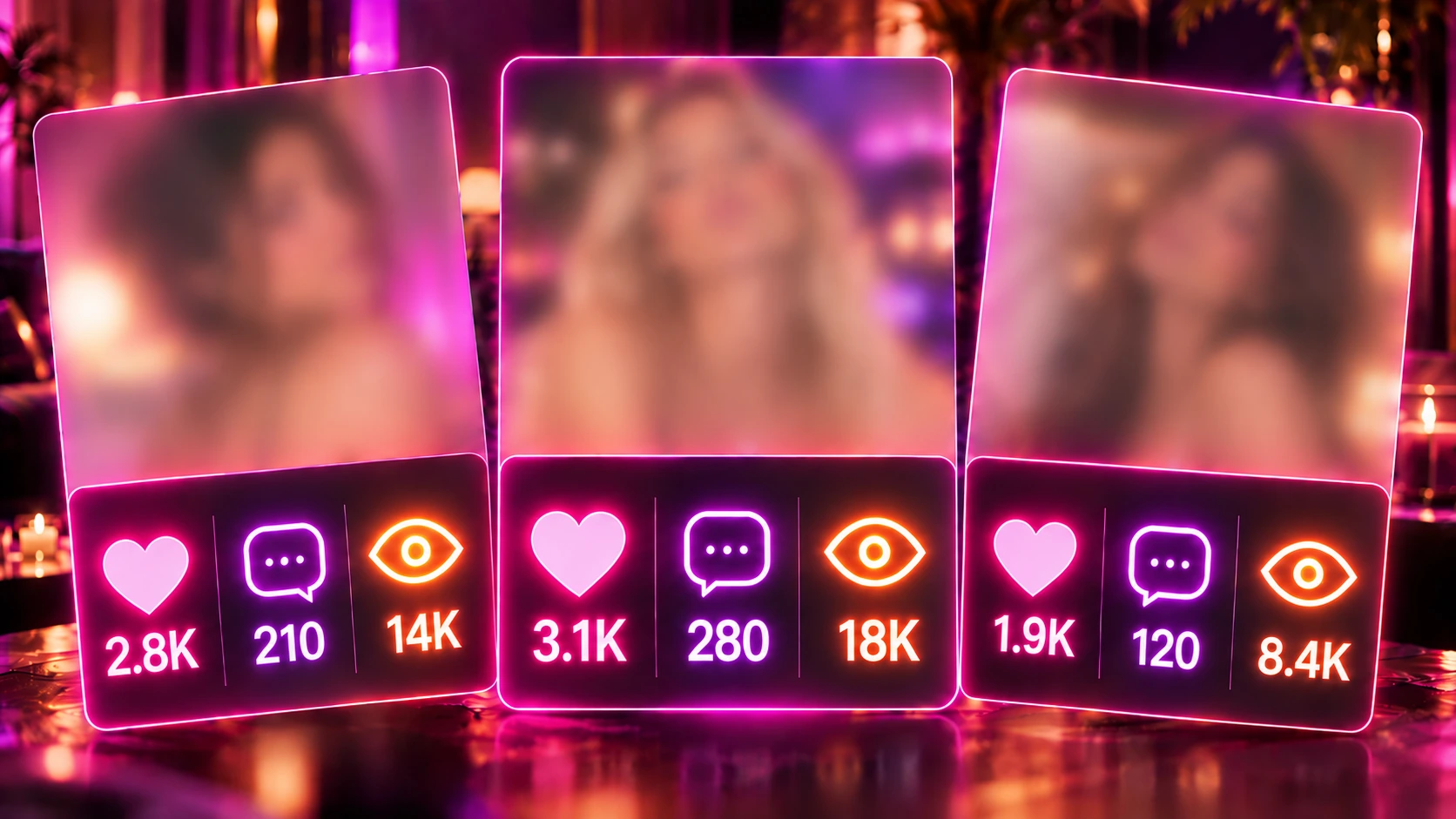Tre anteprime di post con contatori di like, commenti e visualizzazioni